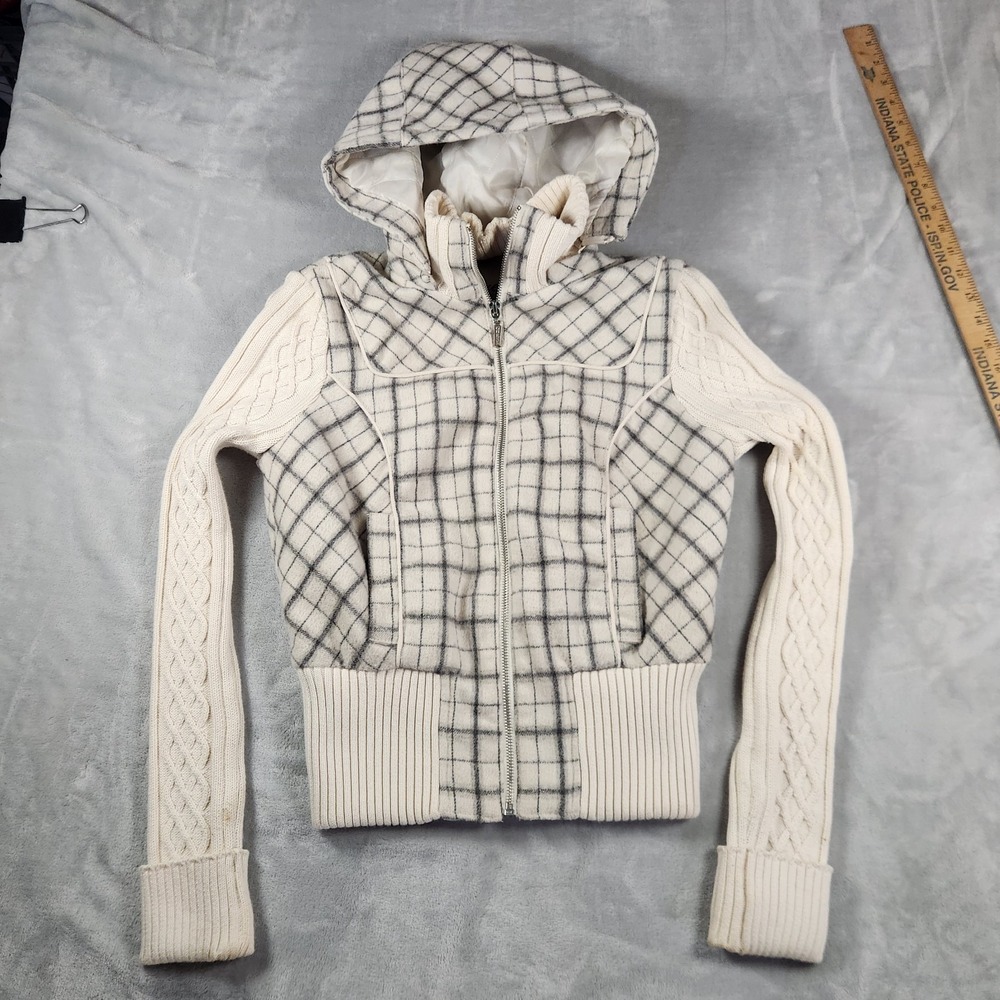 Guess‎ Grey Plaid Wool Blend Bomber Mix Media Sweater Jacket 90s Y2K Sz S Retro